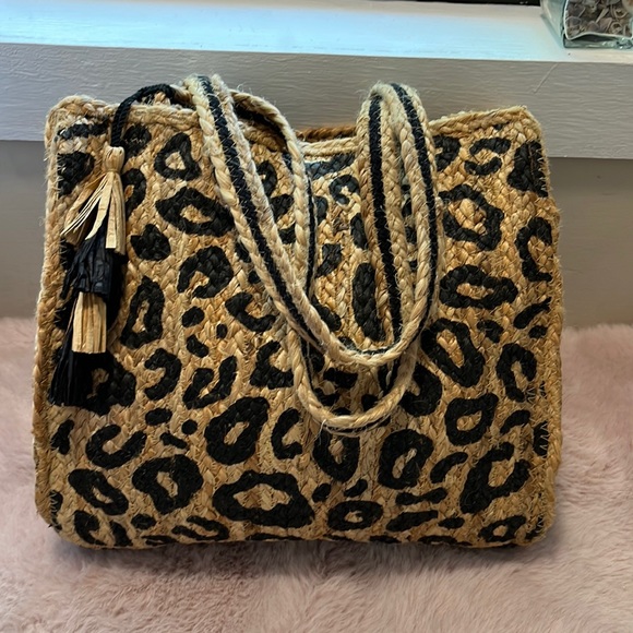 NWOT Woven burlap purse with leopard print - Picture 1 of 6